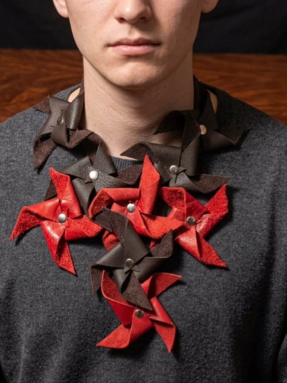 Handmade Genuine Leather Pinwheel Statement Necklace Orange Brown #007
